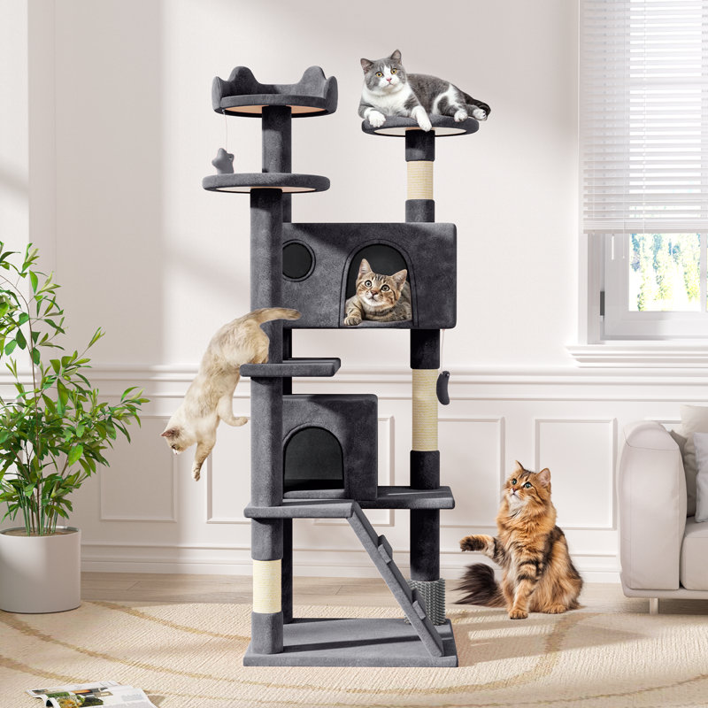 70" Cat Tree Tower With Scratching Posts, Multiple Cat Caves, Top Perch, And Play Features For Indoor Cats, Purple