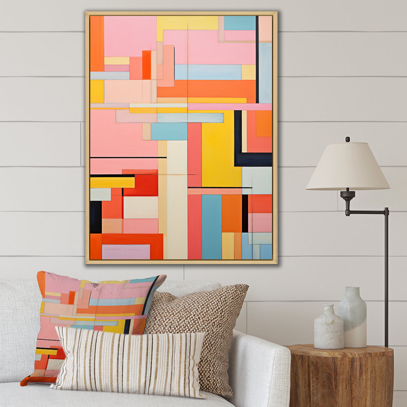 De Stijl, géométrique pastel harmonie II - art mural abstrait sur toile, Cadre flottant naturel, H 32 po x l 16 po x P 1 po