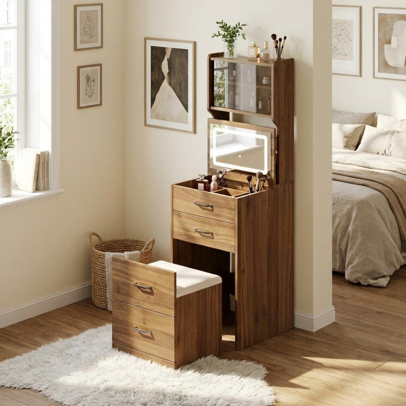 Ensemble de meuble-lavabo 3 en 1 avec 3 couleurs DEL, ensemble de meuble-lavabo compact avec 2 prises CA et USB, Brun