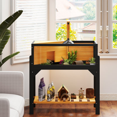 Wooden Tortoise House with Storage Shelf Clear Observation Windows
