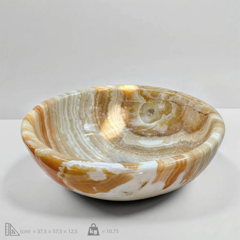 Orange Onyx Vessel Sink – Handcrafted Round Bathroom Basin, 14.76 Inch Polished Natural Stone