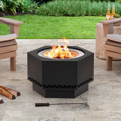 Sunjoy Smokeless Fire Pit, Hexagonal Outdoor Fire Pit, Wood Burning Fire Pit w/ PVC Cover and Fire Poker, Ideal for Camping, Bonfire,Patio and Backyard, Black