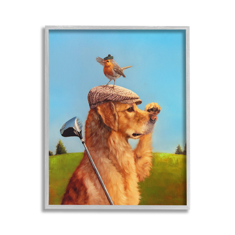 Oiseau et chien jouant au golf, estampe numérique par Lucia Heffernan, H 30 po x l 24 po, Estampe numérique Farmhouse