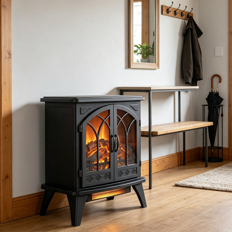 Poêle-cheminée électrique infrarouge à quartz de 60 cm (23,7 pouces) avec flamme 3D, télécommande, certifié CSA/UL, chauffage d'appoint de 1 500 W et 5 000 BTU, minuterie de 1 à 9 heures, 11 réglages de température, mode flamme sans chaleur pour une pièce de 37 m² (400 pi²).