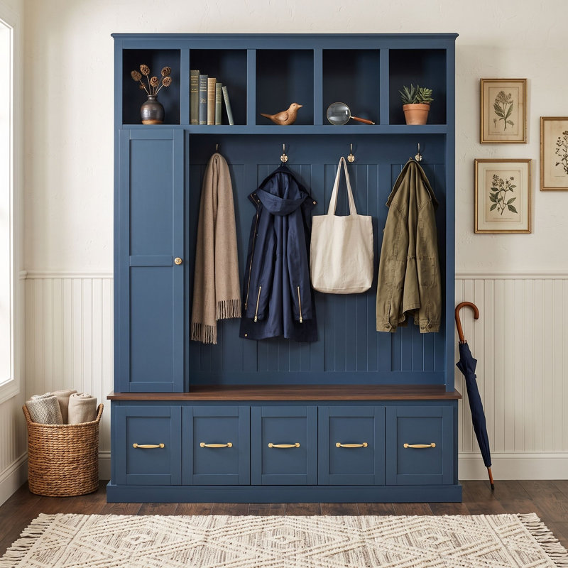 Portemanteau d'entrée moderne avec banc de rangement, compartiments ouverts, crochets et tiroirs, Navy Blue