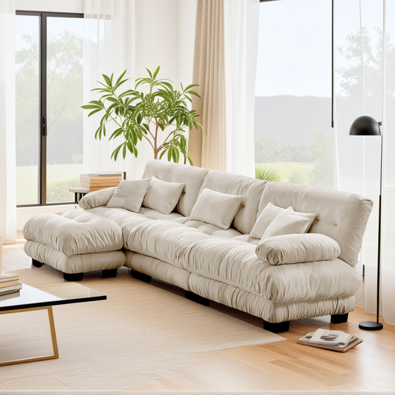 Canapé modulaire rembourré 3 places avec repose-pieds Light Coffee Chenille Cloud 3 coussins lombaires 2 coussins de salon