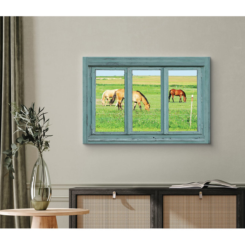 Scène de fenêtre «Vue de la fenêtre Chevaux dans le champ, images de nature, art moderne, paysage rustique ultra» sur