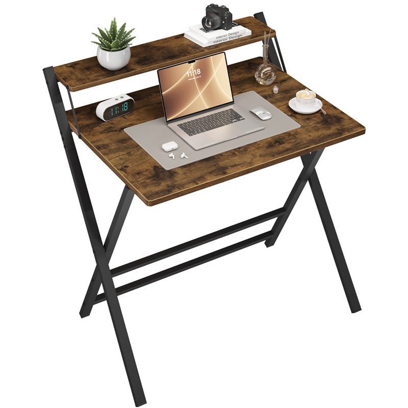 2-Tier Foldable Computer Desk, 90cm. H x 86.5cm. W x 60.5cm. D, Rustic Brown
