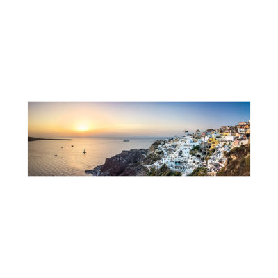 Panoramic Sunset View Of Oia And The Caldera, Santorini, Greece by Jan Becke - Wrapped Canvas Panoramic Print