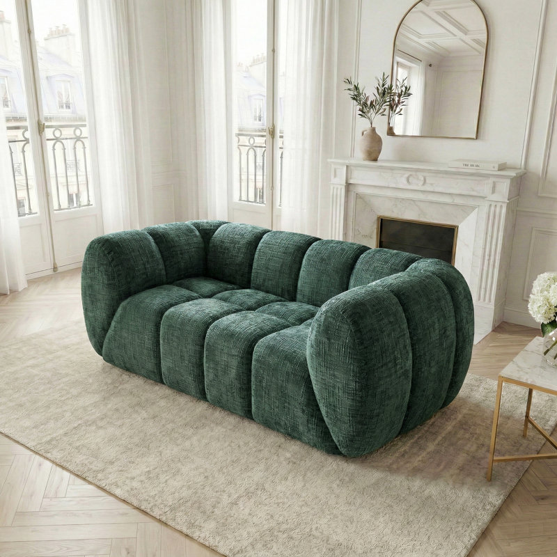 Canapé moderne en chenille avec siège à carreaux matelassé et canapé 2 places en mousse profonde, Vert, 2