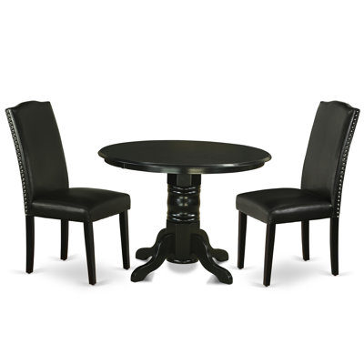 3 Piece Kitchen Table Set Contains a Round Dining Table with Pedestal and 2 Black Faux Leather Parson Dining Room Chairs, Black