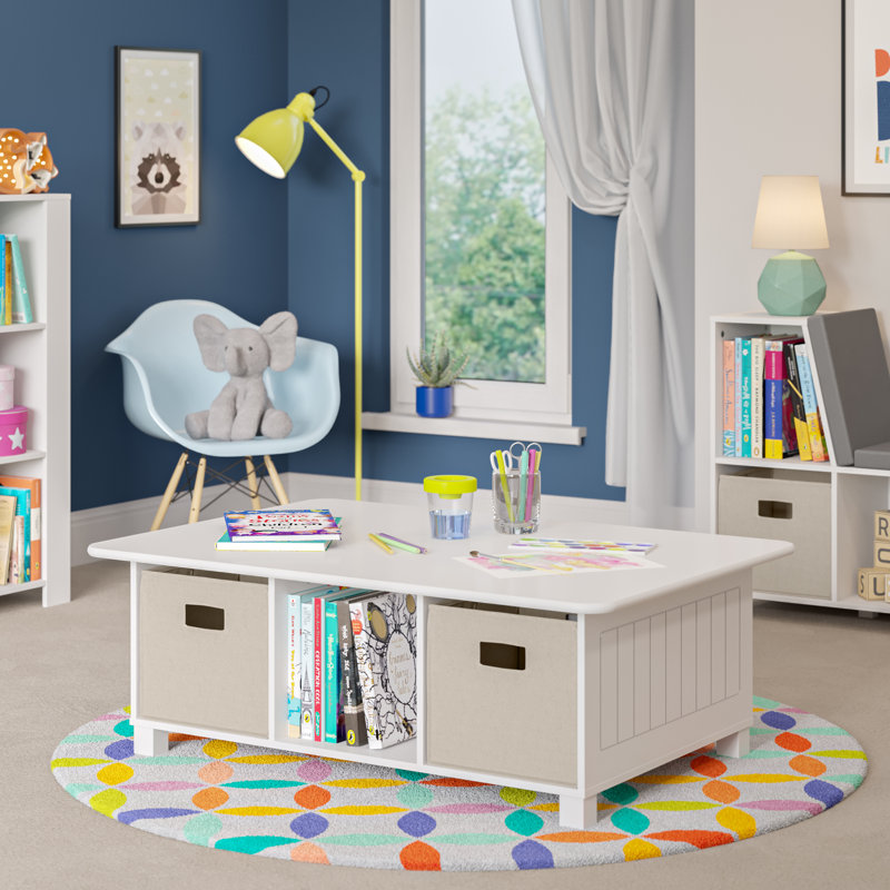 RiverRidge Kids Desk, Activity and Play Table with 6 Storage Cubbies - White with 2 Fabric Bins, White/Taupe