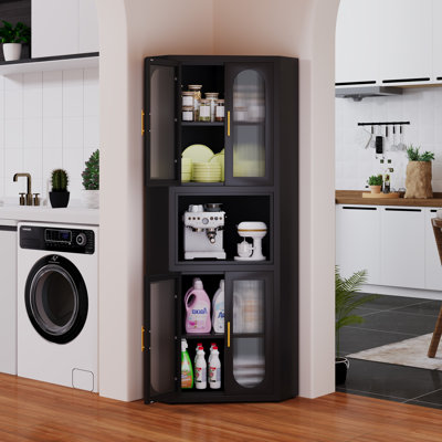 Metal Tall Corner Pantry Storage Cabinet With Acrylic Glass Doors & 1 Open Bar Shelf For Kitchen & Living Room