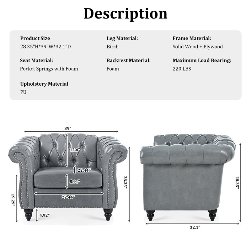 Fairport Faux Leather Chesterfield Chair, Gray Faux Leather