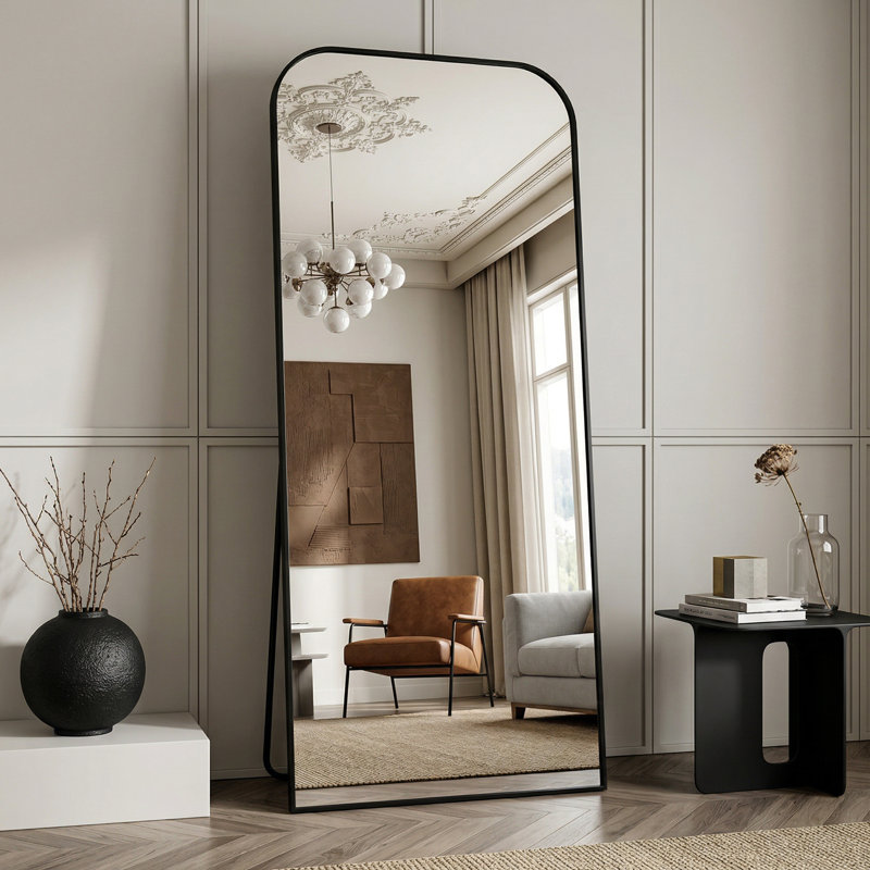 Miroir surdimensionné arqué en métal surdimensionné, Noir, 76 po x 34 po