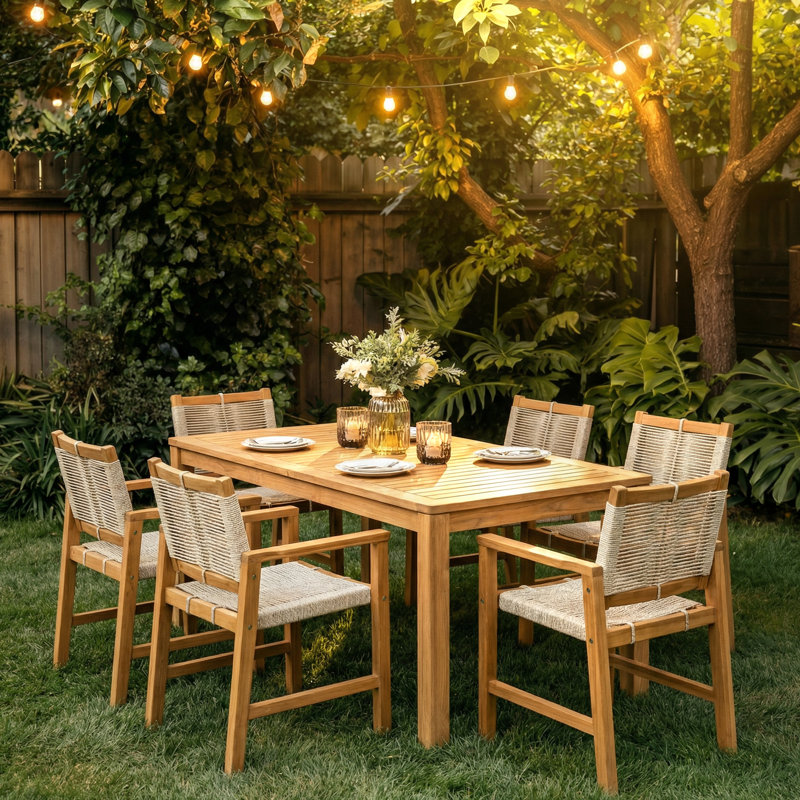 6-person Solid Wood 63"l Rectangular Outdoor Dining Table With 6 Handwoven Chairs, Easy To Set, Water Resistant Patio Furniture Set For 6 - Natural (7 Pieces)