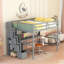 Lit mezzanine double avec bureau, tablettes de rangement et escalier, gris