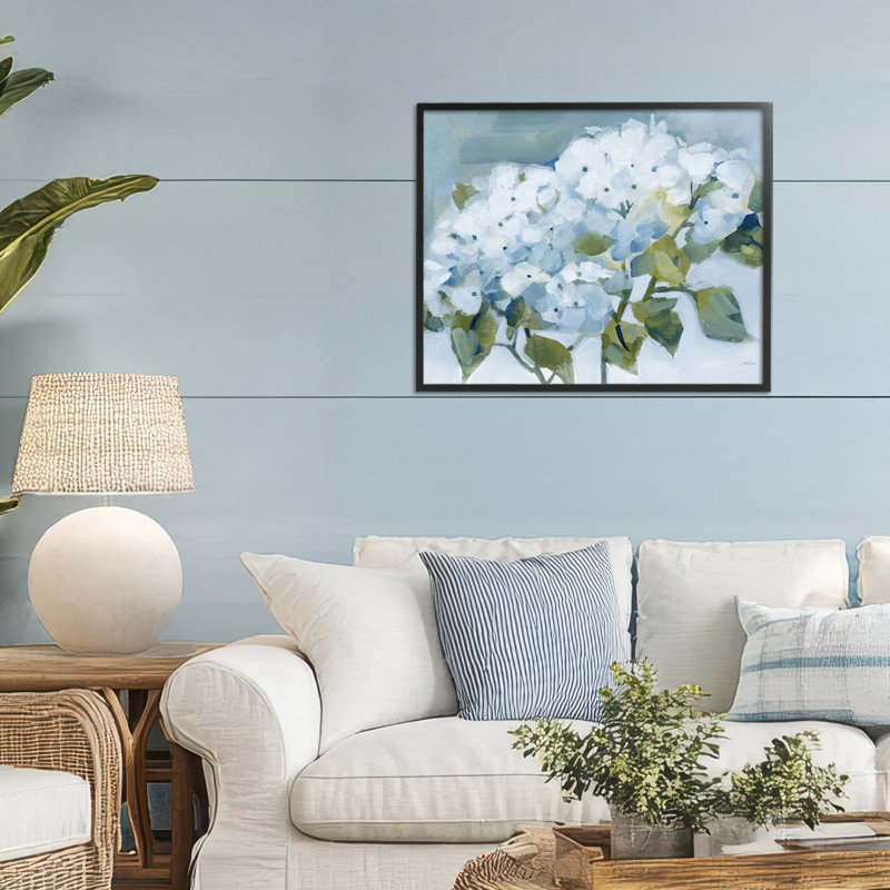 Blue Spring Cottage Hydrangeas, giclée encadrée, design par Katrina Pete, Giclée encadrée noir minuit, H 16 po x l 20 po