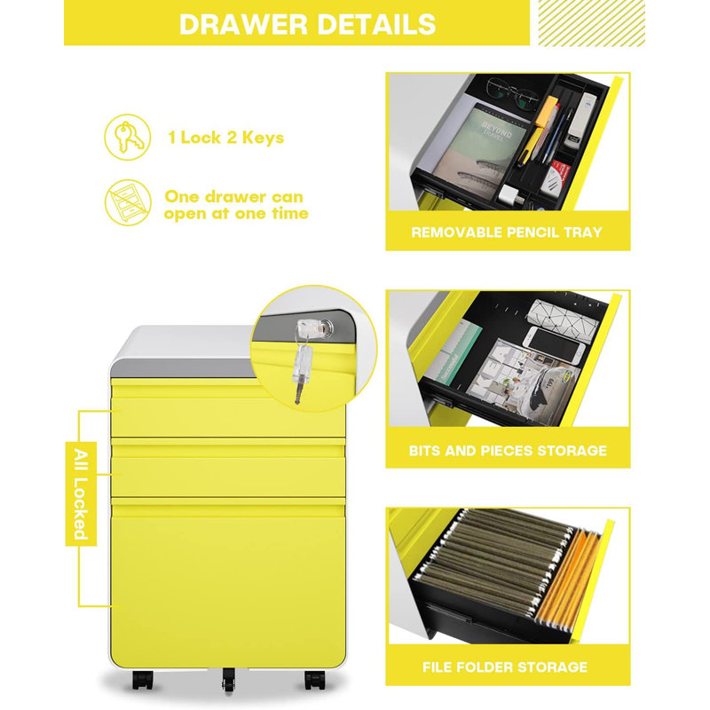 3 Drawer File Cabinet, Metal Filing Cabinets with Lock Wheels, Anti-tilt Under Desk Design (No Assembly Required)