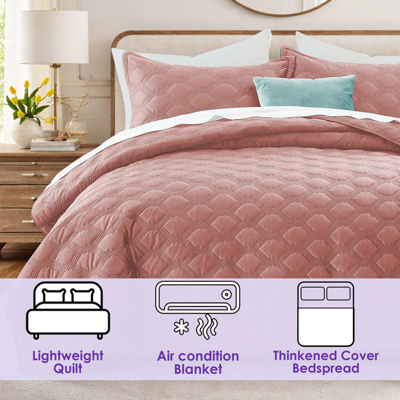Ensemble de couvre-lit Lydia, Couvre-lit simple 66 po x 86 po + 1 taie décorati, Thé, rose