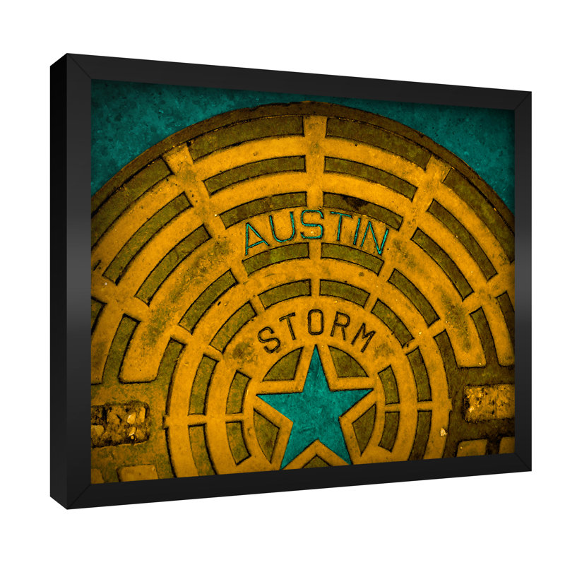 Austin Manhole Cover, Austin Texas - reproduction de photo sur toile, Toile encadrée noire, H 16 po x l 20 po x P 0,75 po