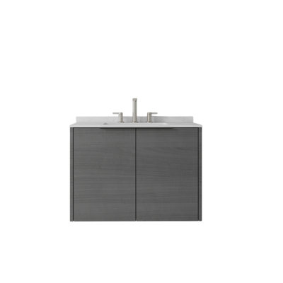 Meuble-lavabo flottant 30 po avec lavabo, porte à fermeture en douceur, comptoir et dosseret en marbre de culture blanc de 0,6 po Carrara, contreplaqué, gris