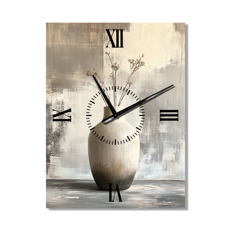 Vase en céramique moderne, forme I - Horloge murale Japandi, imprimée sur métal, H 32 po x l 24 po - Rectangle