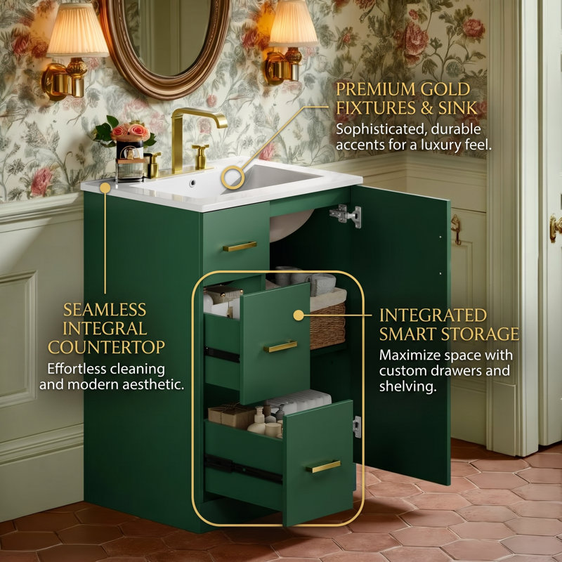 24" Free-Standing Bathroom Vanity Set With Ceramic Sink & Storage Cabinet, 2 Drawers & Shelf & 1 Soft Closing Door, Green