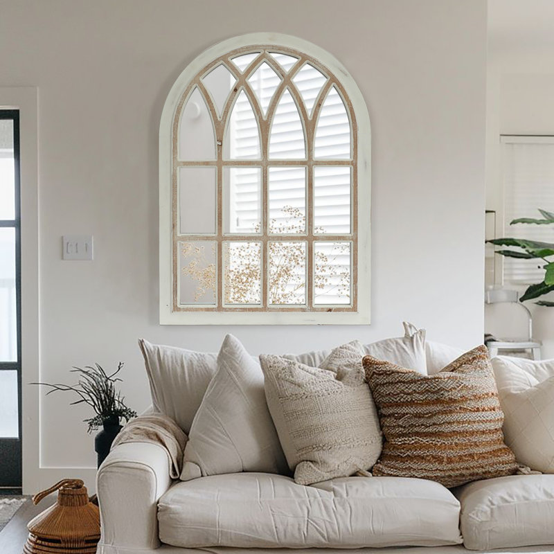 Distressed Solid Wood Arch Mirror, White/Beige