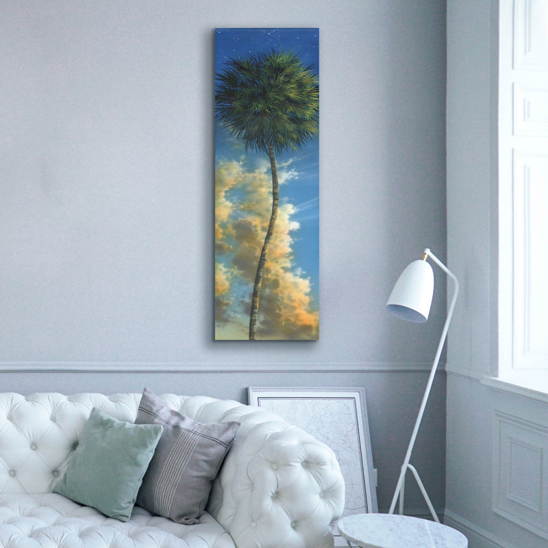 «Lone Palm Left Egret II» par James Mazzotta, art mural sur toile, H 60 po x l 20 po
