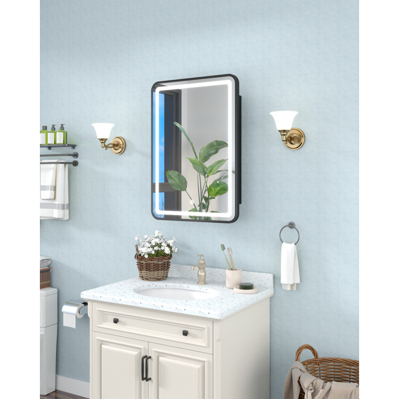 Armoire à pharmacie 16 po x 24 po à DEL avec miroir, armoire à pharmacie arquée avec miroir pour meuble-lavabo mural et encastré avec 1 organisateur, 2 tablettes stables et amovibles, installation facile