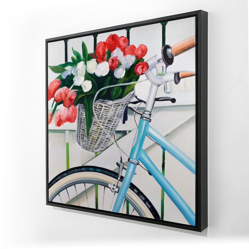 Vélo avec tulipes dans un panier - art floral rétro sur toile