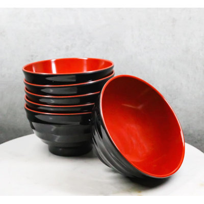 Ensemble de 6 bols à soupe de riz en mélamine à nervures rondes rouges et noires P 6,5 po