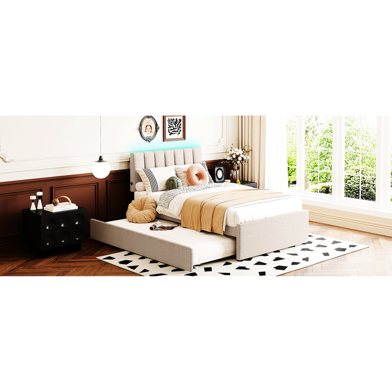 Lit plateforme simple tapissier avec gigogne en molleton beige exquis, Lit simple, Beige