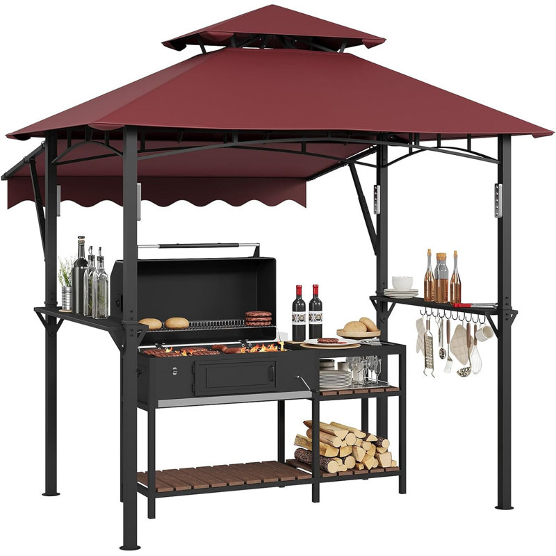 8x5 ft Double-Tier Grill Gazebo with 7x3 ft Front Awning, Heavy Duty Q235 Steel Frame, 2 Shelves, 10 Hooks & LED Lights for Patio, BBQ, Backyard, Claret