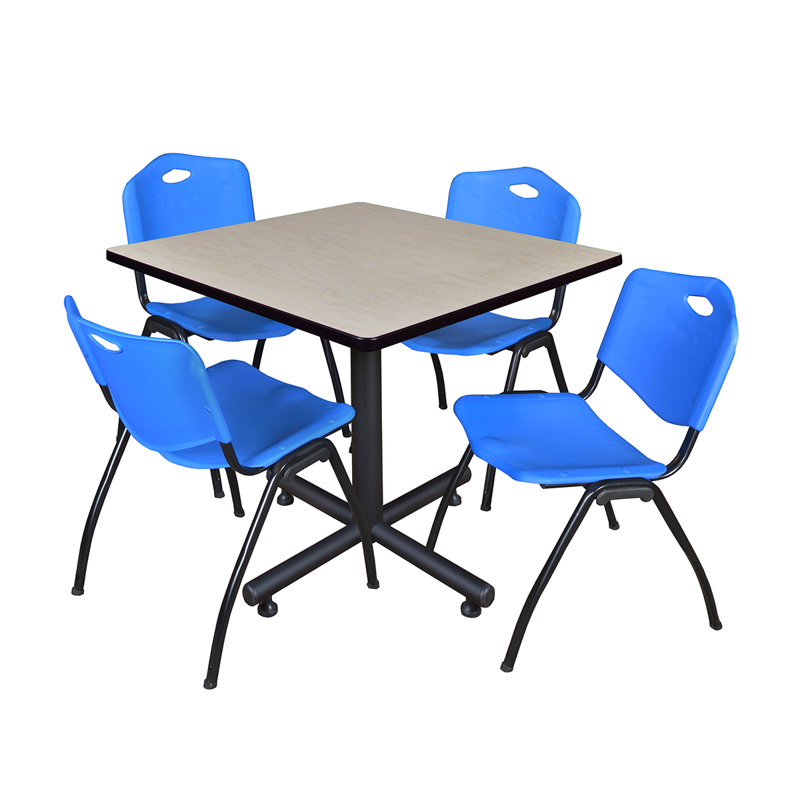 Table de salle de repos carrée Nicklo, chaises empilables 4 M, Érable, Bleu