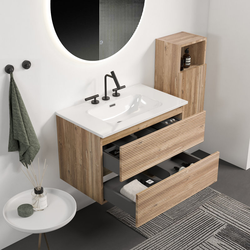 Meuble-lavabo flottant 30 po en chêne brut, lavabo à 3 trous, tiroirs doubles, 20% plus de rangement, coulisses silencieuses, meuble-lavabo mural 45 po