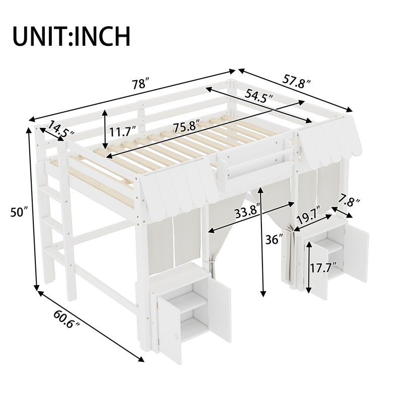 Full Loft Kids Bed with Bookshelf, Storage Shelf, Curtain & Safety Guardrails – Playful Amusement Park Design, White, White
