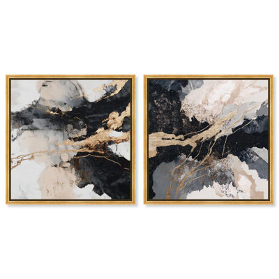 Gold Fracture Duet Canvas Print Black Gold Wall Art Set by Art Remedy, Black Frame, 12 x 12