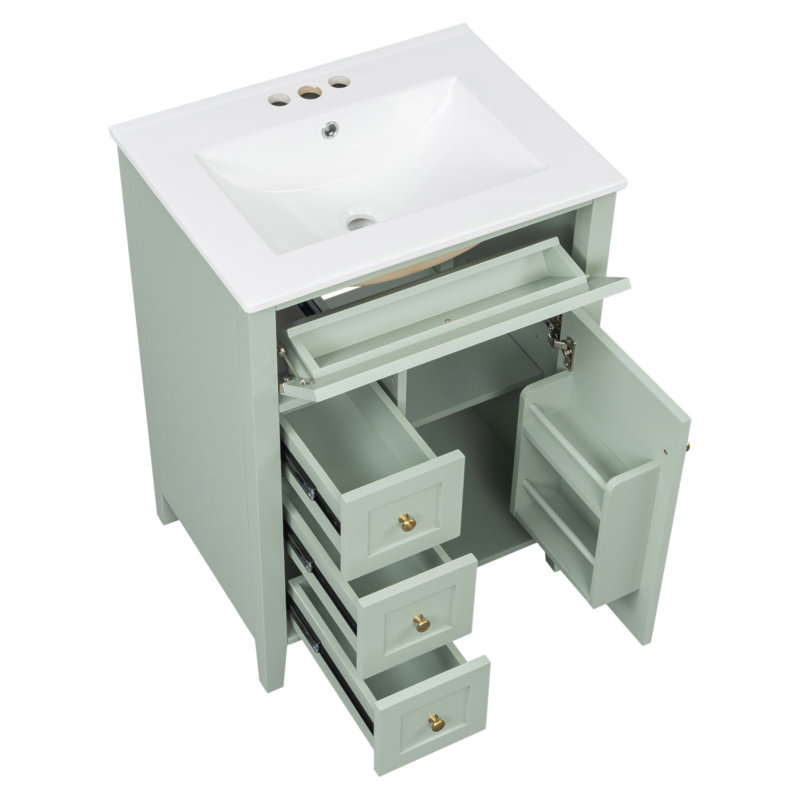 Meuble-lavabo vert de 24 po avec lavabo, panneau de fibres à densité moyenne et fabrication en bois d'hévéa, 3 tiroirs et armoire avec tablettes réglables, conception moderne pour les petites et moyennes salles de bain