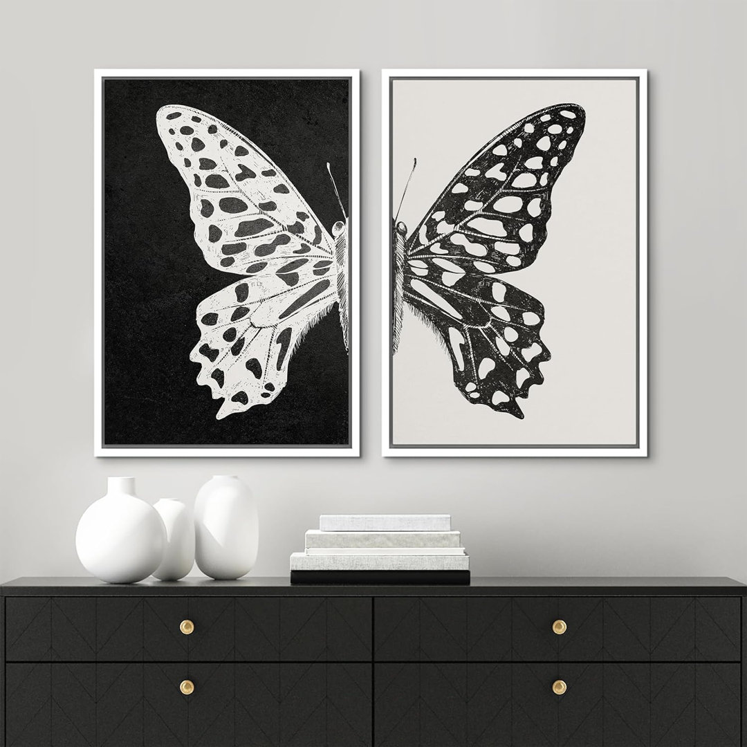 Black And White Butterfly Animals Picture Neutral Artwork Framed On Canvas 2 Pieces Print Wall Art IDEA4WALL Frame 