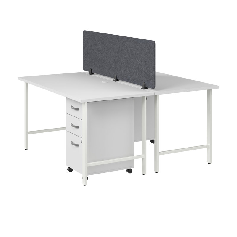 Bush Business Furniture Hustle 2 Person Computer Desk With Mobile File Cabinets, Power Grommets, And Privacy Screen, White