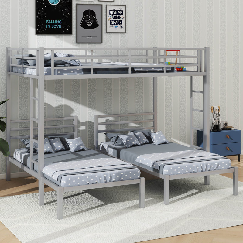 Structure de lit superposé durable en métal double et simple avec tablette intégrée et deux échelles latérales, Argent argent