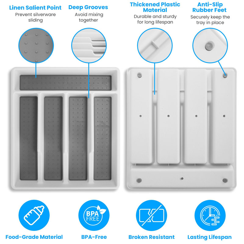 Rangement pour couverts 2 pièces avec 5 compartiments antidérapants pour couverts, cuillères et fourchettes