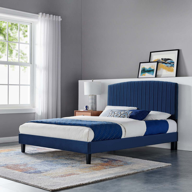 Modway Alessi Performance Velvet Platform Bed, Queen, Navy