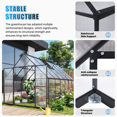 8X12 Ft Black Aluminum Frame Greenhouse, Polycarbonate Walk-In Garden Hot House With Double Sliding Doors & 2 Adjustable Roof Vents