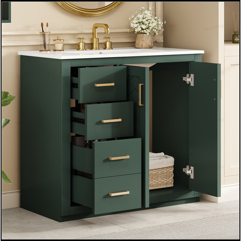 Meuble-lavabo autoportant avec lavabo en céramique et 3 tiroirs, Vert