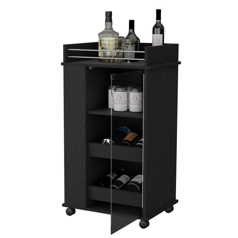 Willow Park Glass Door Bar Cart with Bottle Holder and Casters, Black