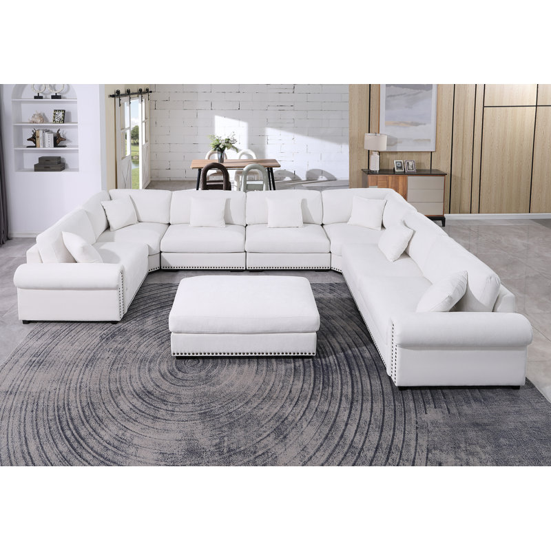 Grand canapé modulaire modulaire en chenille à 8 places avec accoudoirs cloutés, Chenille blanche