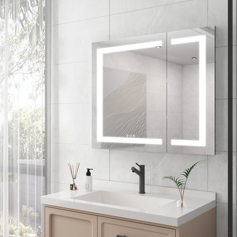 Armoire à pharmacie 36 po x 30 po avec miroir de coiffeuse à DEL, antibuée, encastré ou à fixation en surface, étanche, à intensité variable, aluminium 3000K ~ 6000K